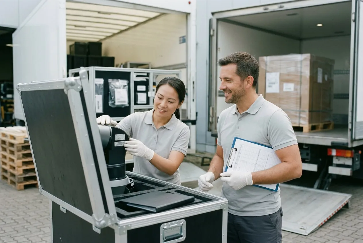 Specialists preparing a robot for shipping