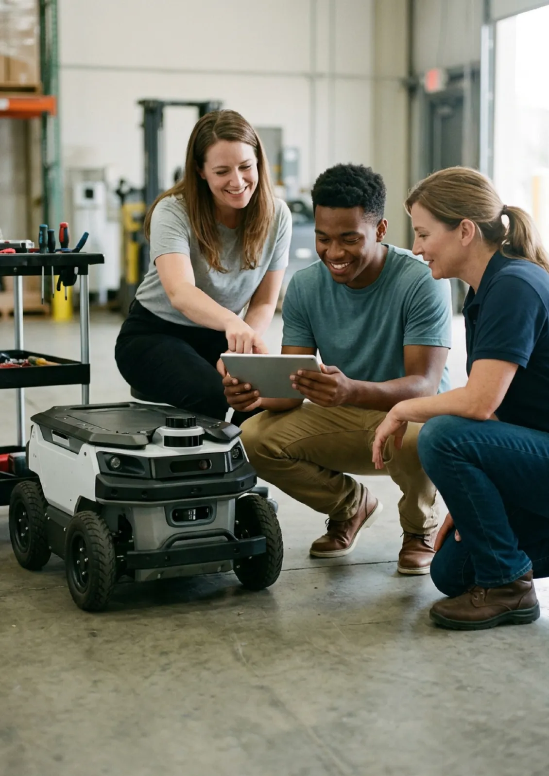 A trainer showing a team how to operate a service robot