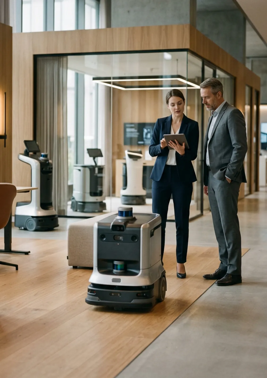 Clients viewing robots in a showroom