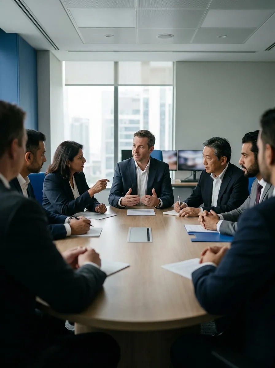 Alliance members around a boardroom table during a council session