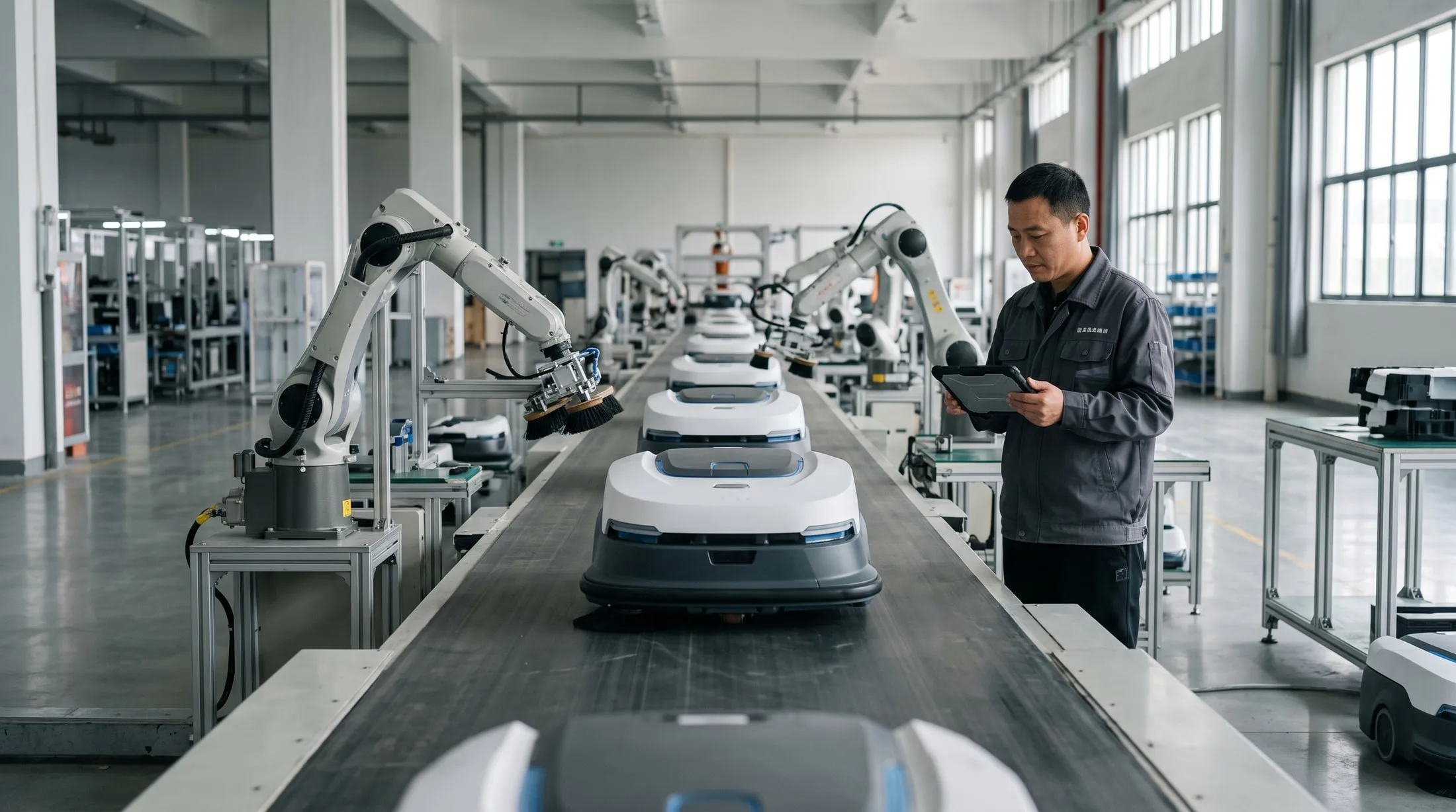 Service robots on an assembly line at a factory in China