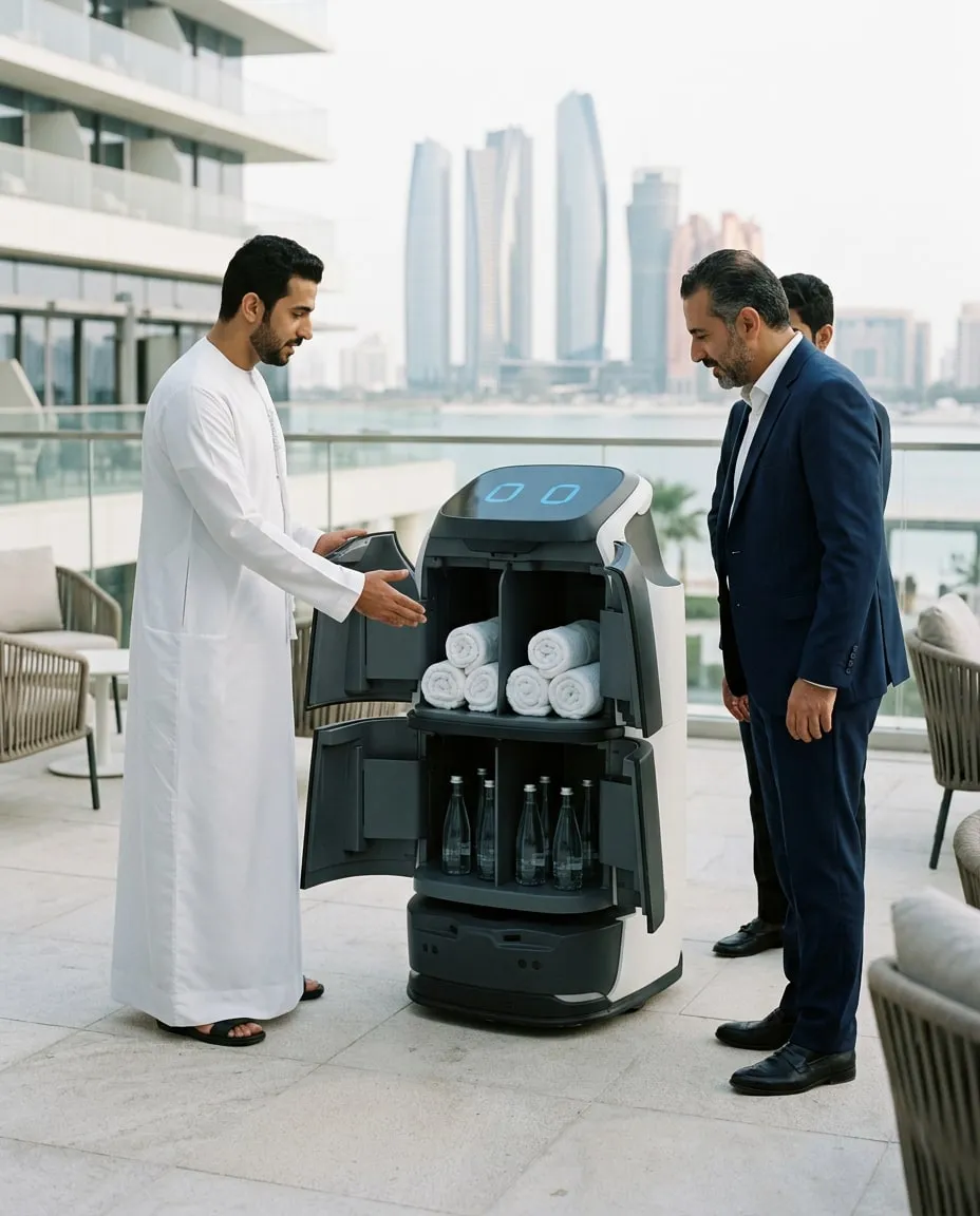 A team reviewing a service robot on site