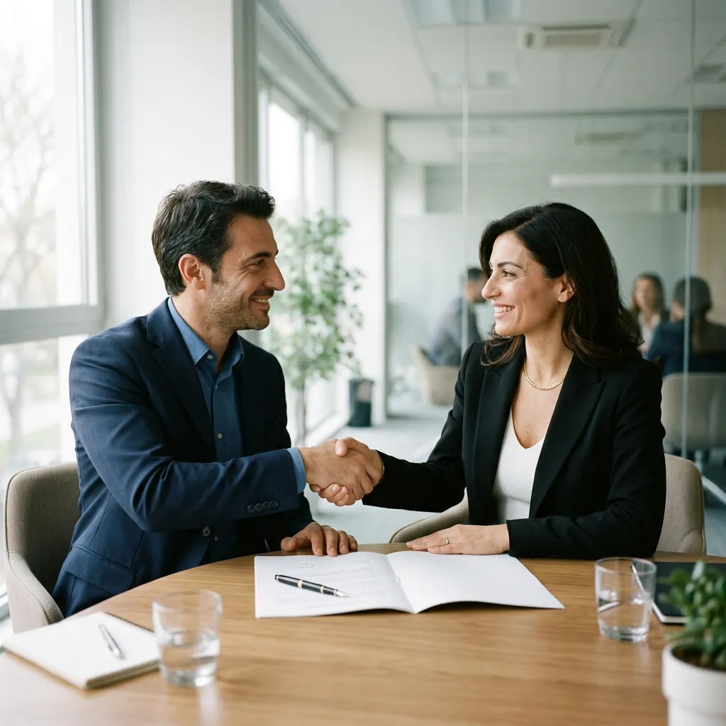 Partners agreeing terms at a meeting table