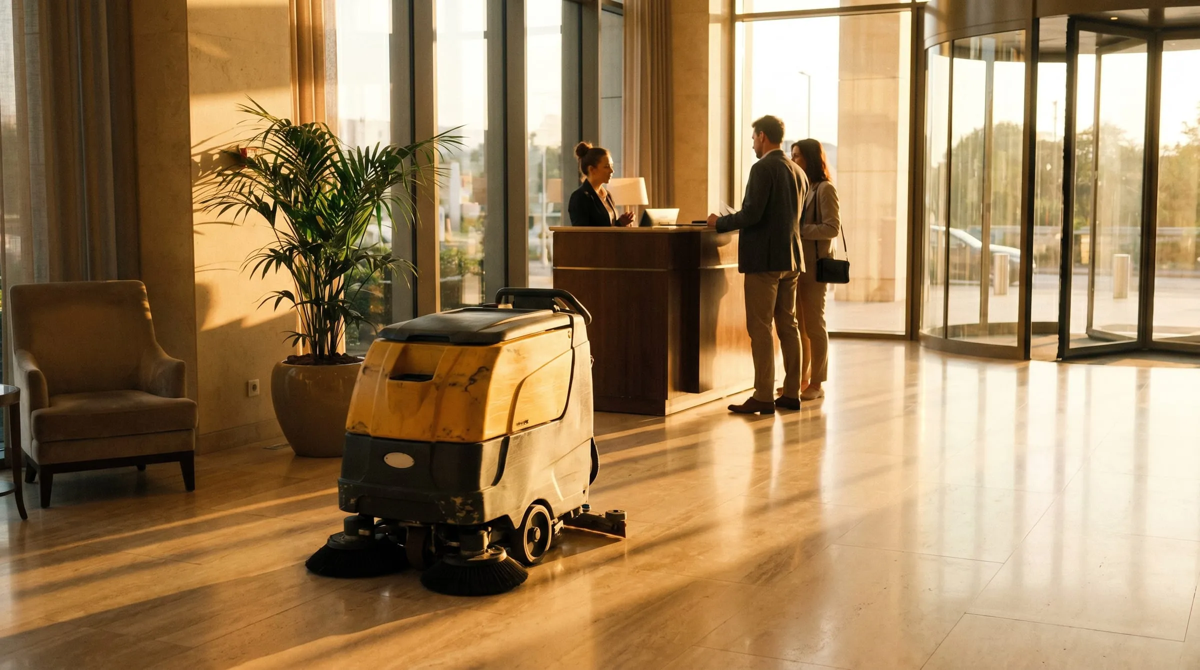 Service robots operating in an industrial warehouse at dusk