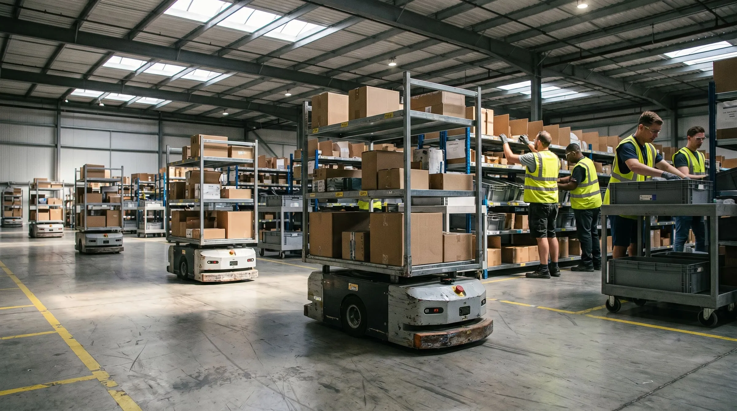 Service robots operating in an industrial warehouse at dusk