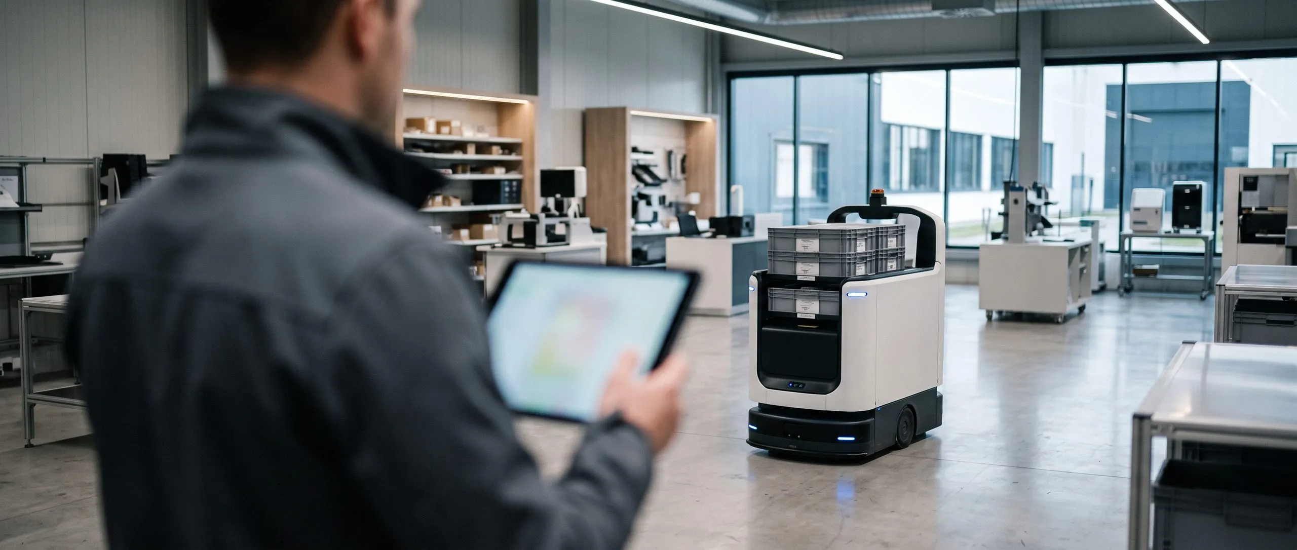 Ein Betreiber liest die Telemetrie eines Roboters auf der Fläche