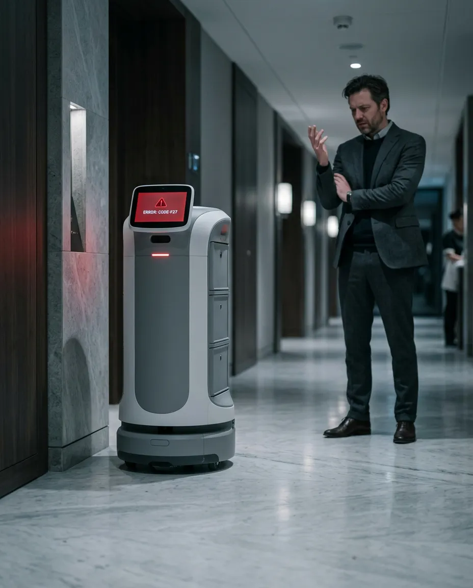A service robot stalled with an error screen in an office lobby